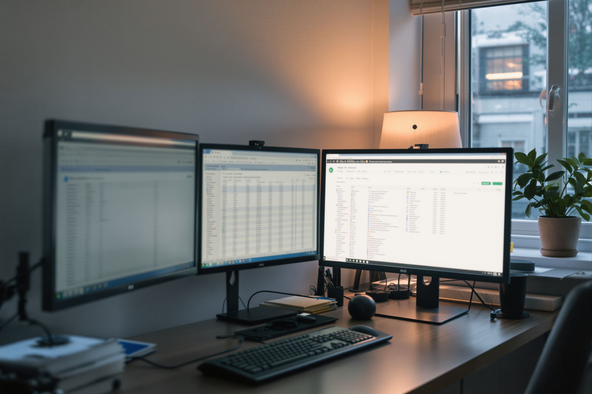 A tidy home office with two monitors, a filing tray and a plant