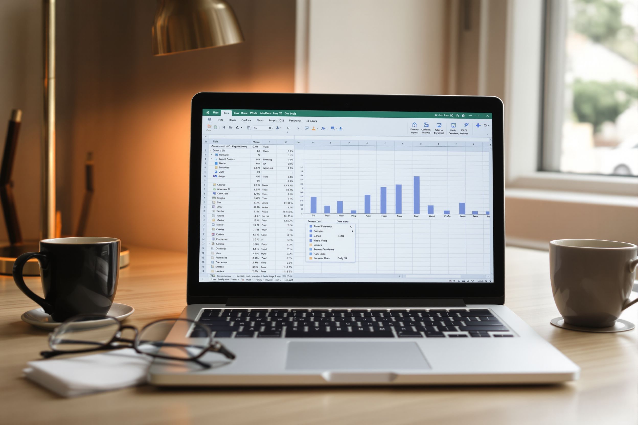 A laptop showing a spreadsheet and a bar chart beside coffee and reading glasses