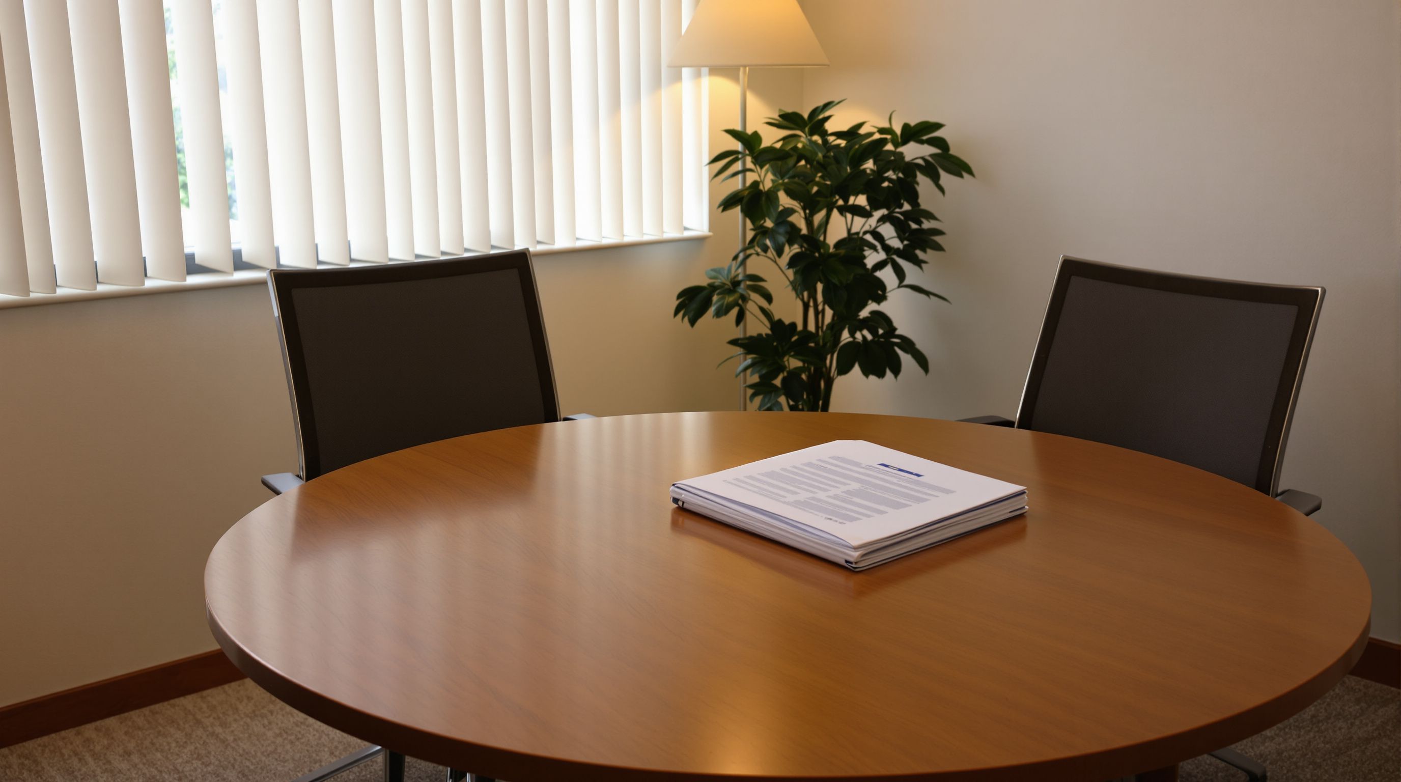 A small conference room with a round table, two chairs and a stack of documents