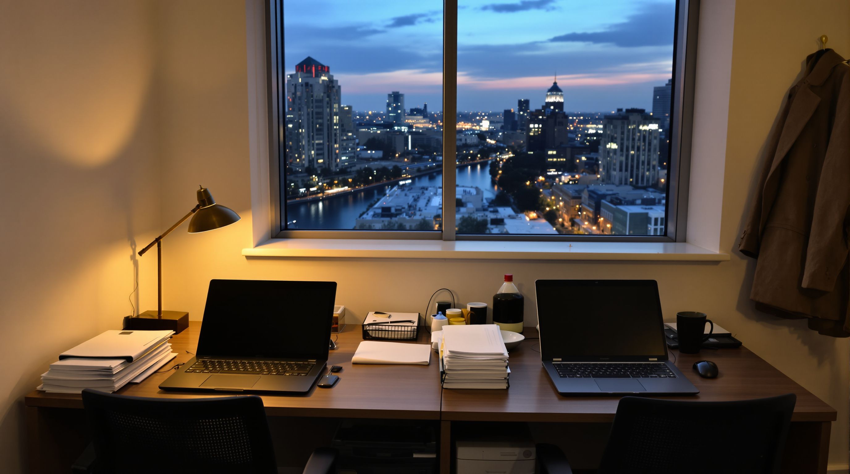 A small professional office at dusk with two empty desks and a lamp still on