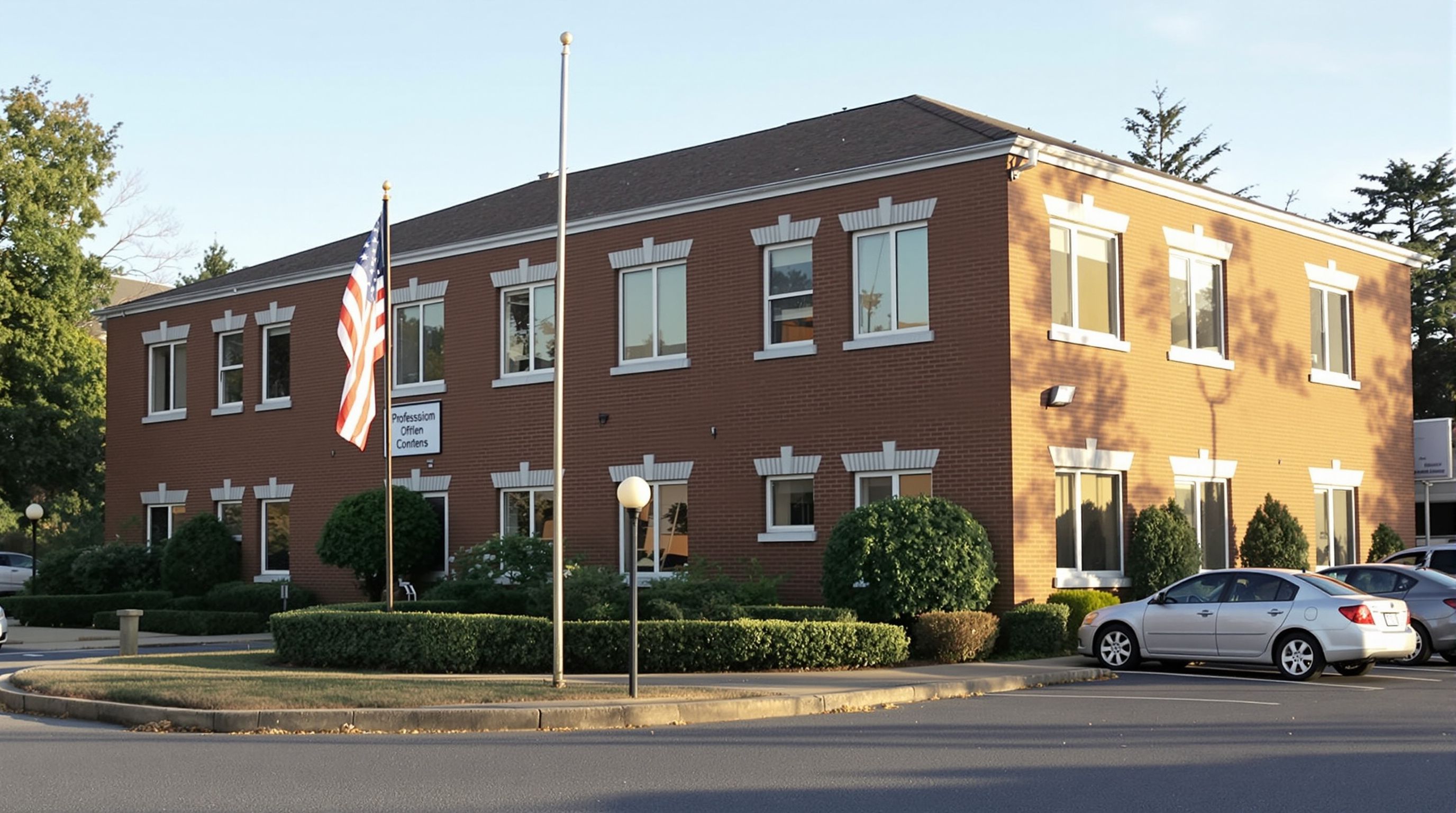 A two-story brick office building in a suburb with trimmed hedges