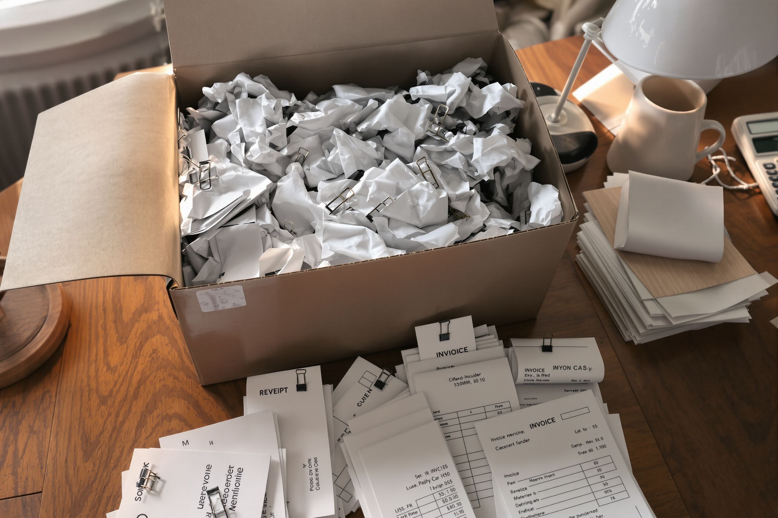 A shoebox of receipts and invoices, some sorted into clipped stacks