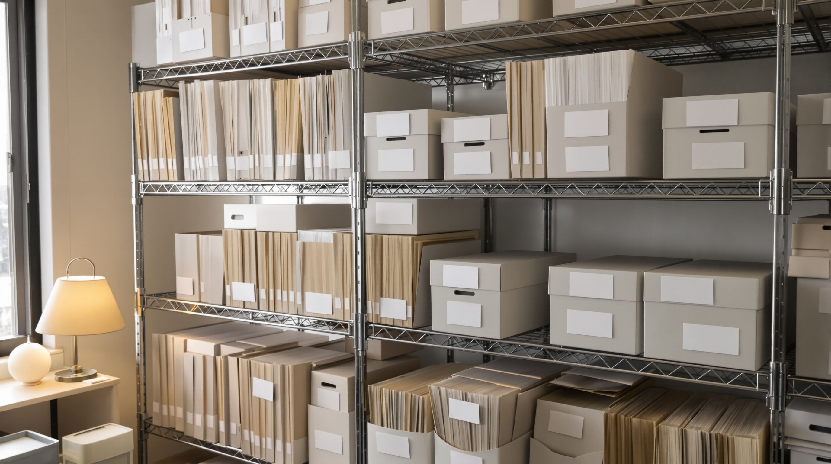 Shelves of archive boxes and tabbed folders in a small office